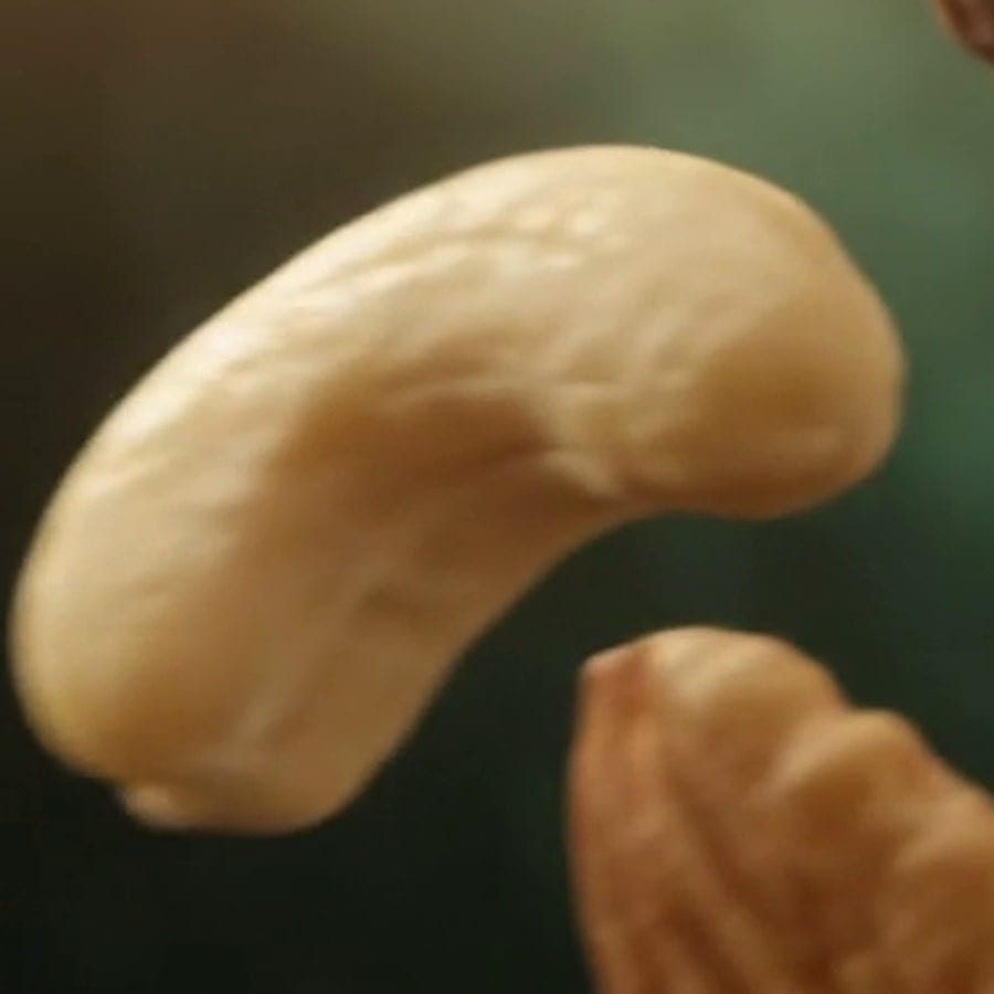 A whole cashew on a dark green background