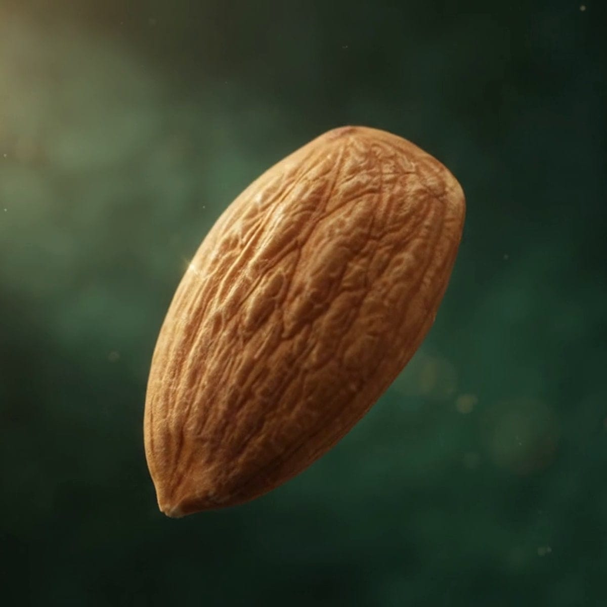 A whole almond, skin on, on a dark green background